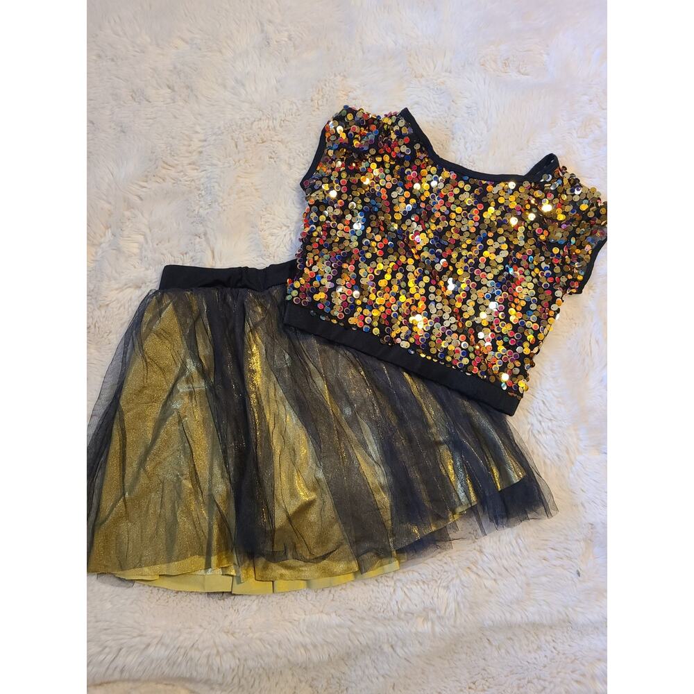 Curtain Call Dance Costume Gold Sequins 2 piece black Gold skirt Size AME